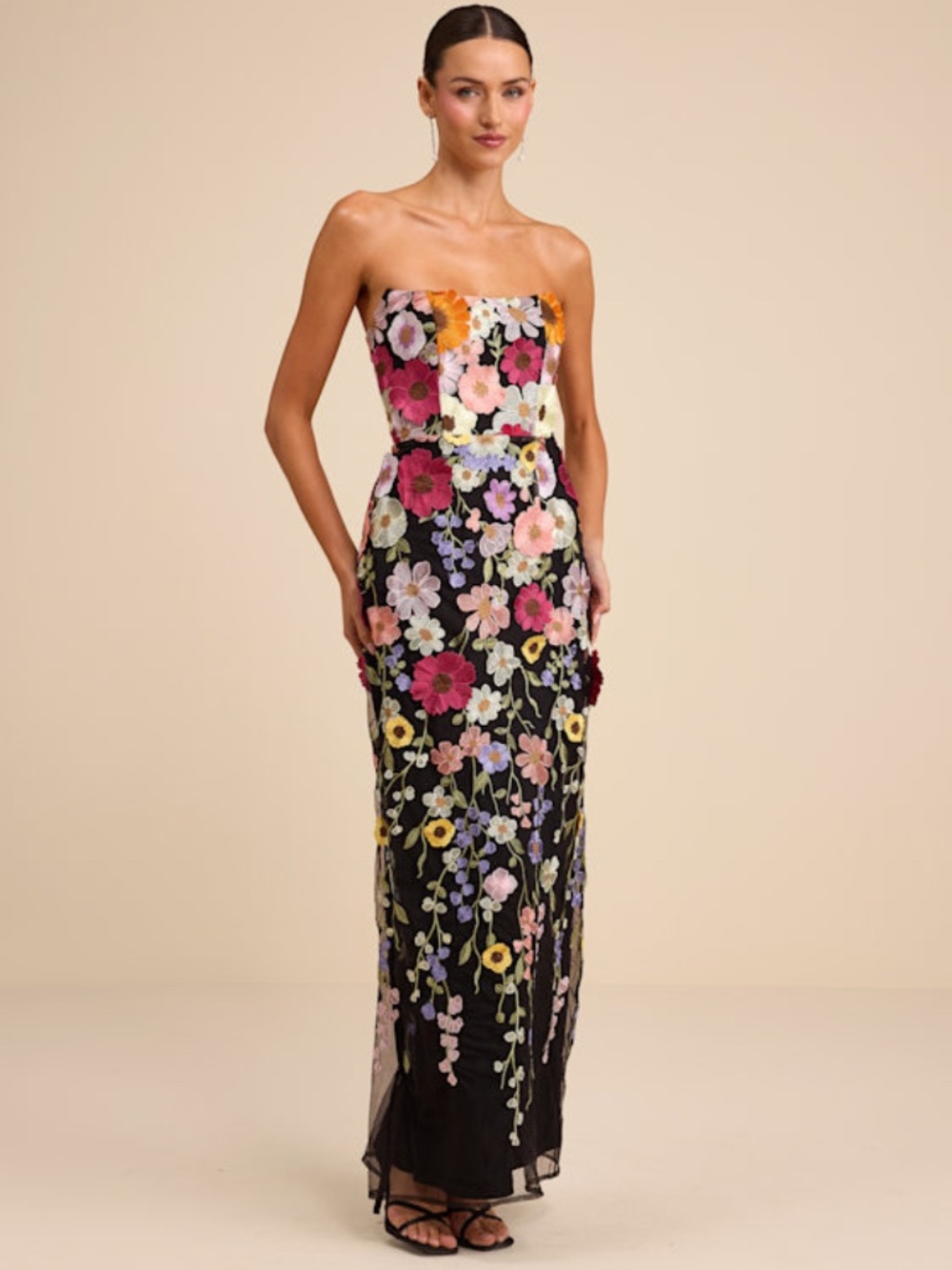 Lulus Macario Black Multi 3d Floral Embroidered Strapless Maxi Dress - Size M - Picture 1 of 1